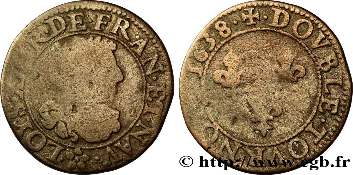 LOUIS XIII LE JUSTE Double tournois 1638 Troyes ? B