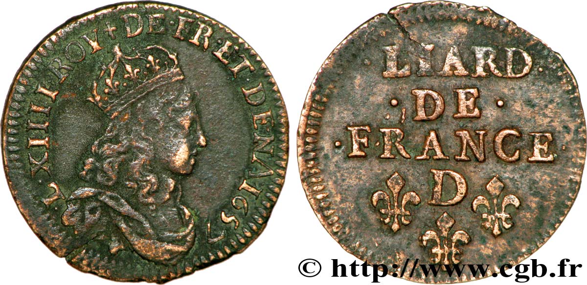 LOUIS XIV  THE SUN KING  Liard de cuivre, 2e type 1657 Vimy-en-Lyonnais (actuellement Neuville-sur-Saône) XF