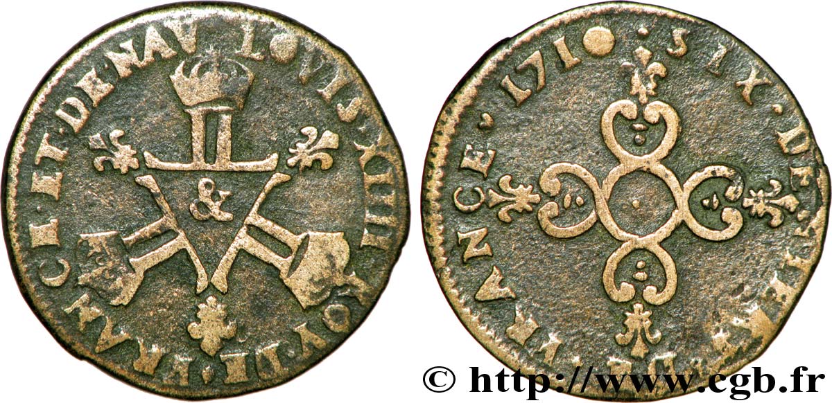 LOUIS XIV LE GRAND OU LE ROI SOLEIL Six deniers dits  Dardenne  1710 Aix-en-Provence B+/TB