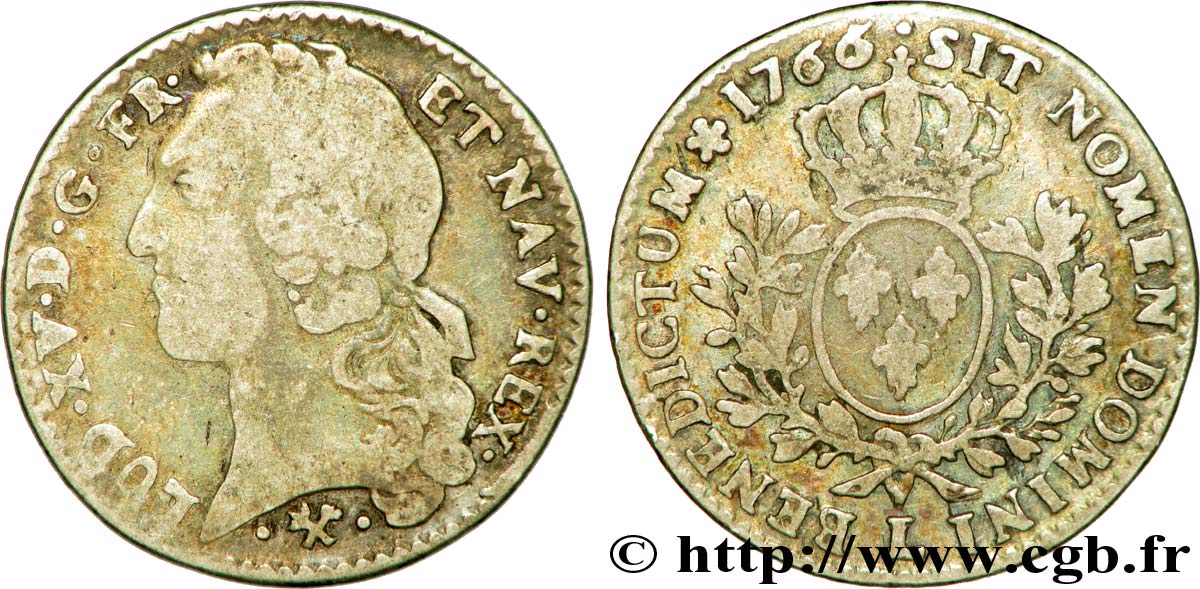 LOUIS XV DIT LE BIEN AIMÉ Cinquième d’écu aux branches d’olivier, tête ceinte d’un bandeau 1766 Bayonne B+/TB