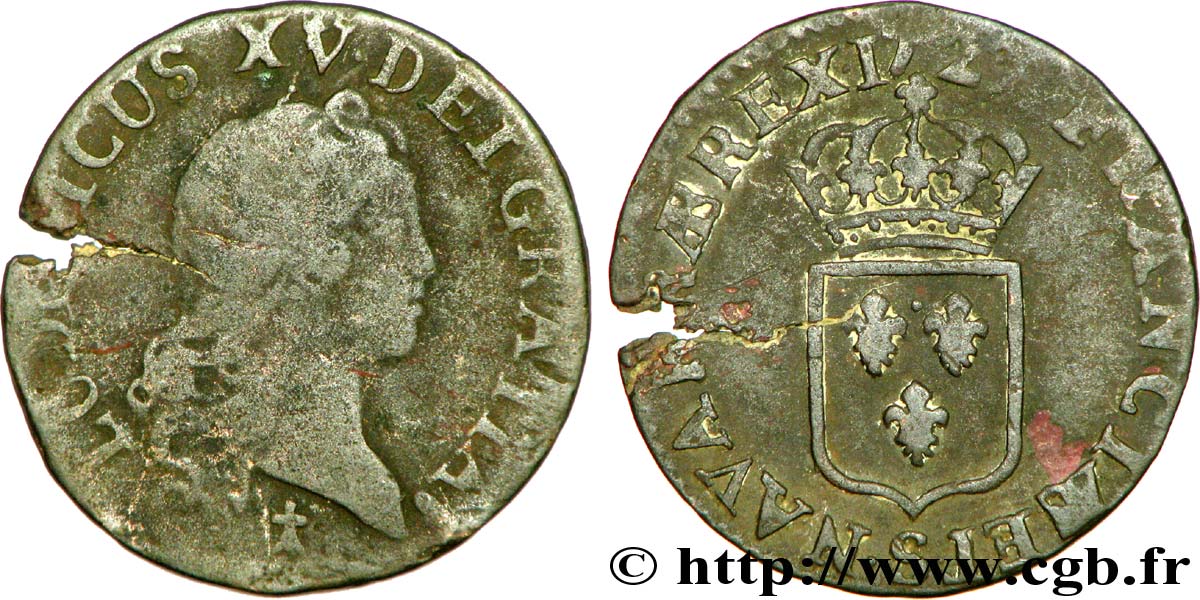 LOUIS XV  THE WELL-BELOVED  Liard au buste enfantin 1721 Reims RC/RC+
