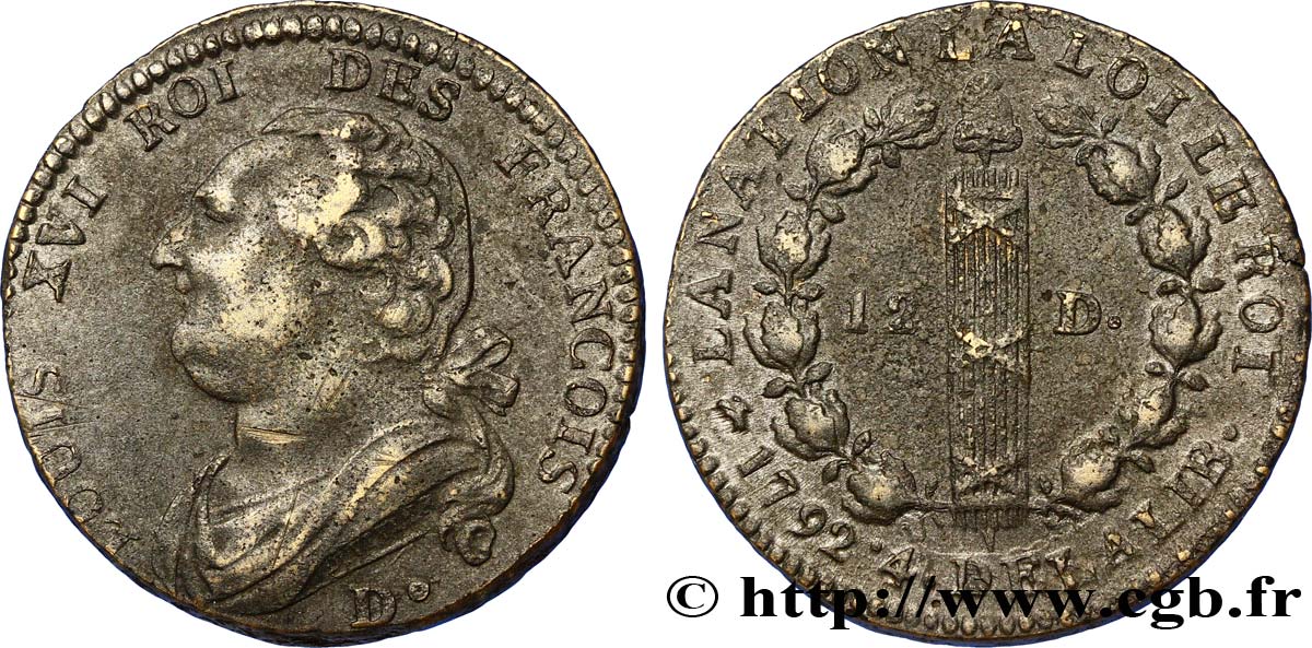 LOUIS XVI 12 deniers dit  au faisceau , type FRANCOIS 1792 Dijon SS