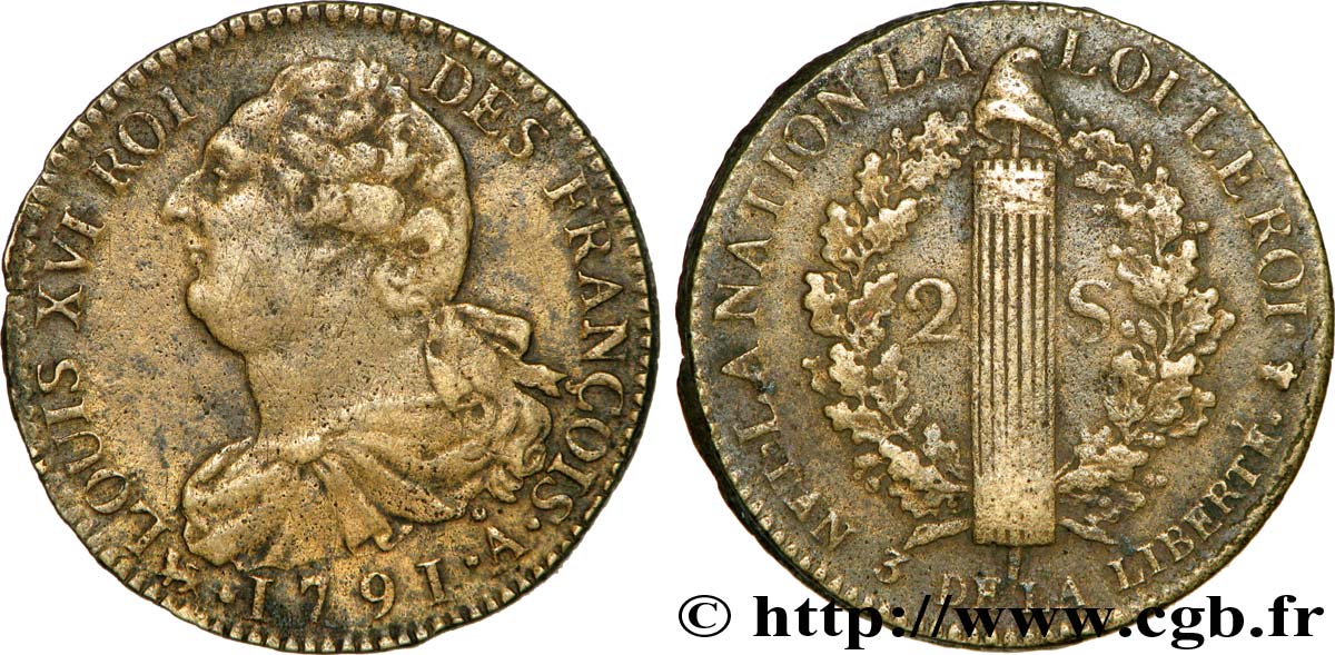 LOUIS XVI 2 sols dit  au faisceau , type FRANÇOIS 1791 Paris XF