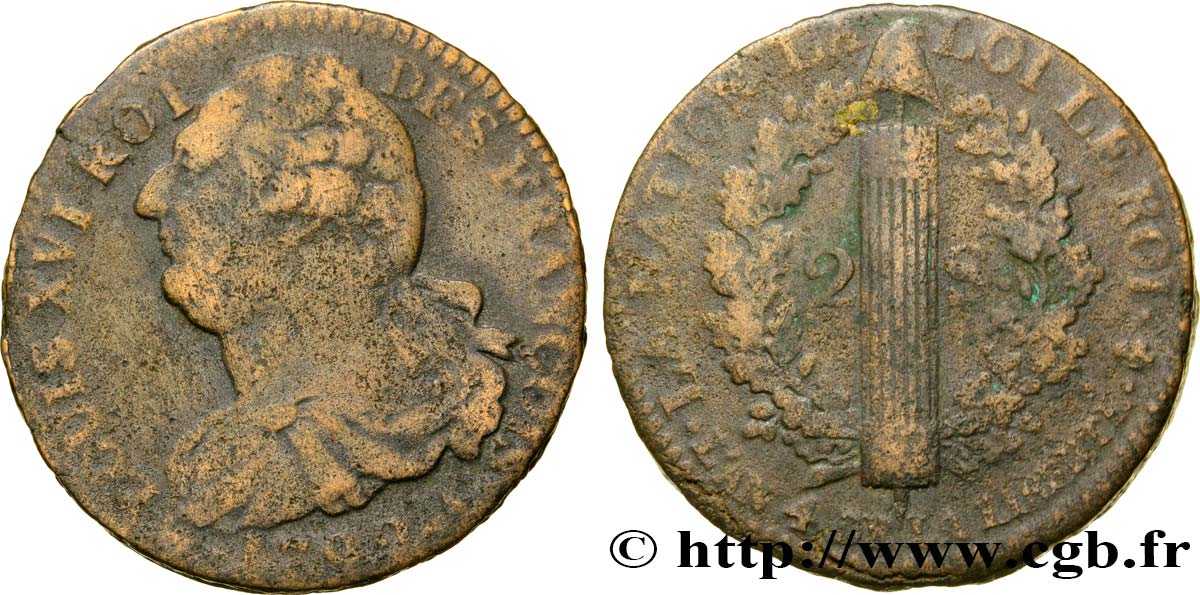 LOUIS XVI 2 sols dit  au faisceau , type FRANÇOIS 1792 Paris S
