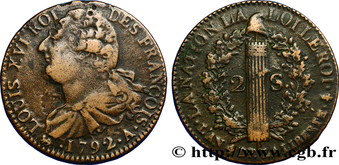 LOUIS XVI (MONARQUE CONSTITUTIONNEL)  2 sols dit &nbsp;au faisceau&nbsp;, type FRANÇOIS 1792 Paris TTB