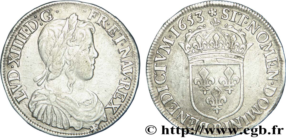 LOUIS XIV LE GRAND OU LE ROI SOLEIL Demi-écu, portrait à la mèche longue 1653 Rouen TTB