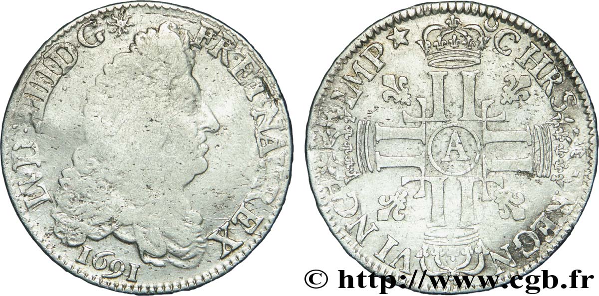 LOUIS XIV &nbsp;THE SUN KING&nbsp; Demi-écu aux huit L, 1er type 1691 Paris F/XF
