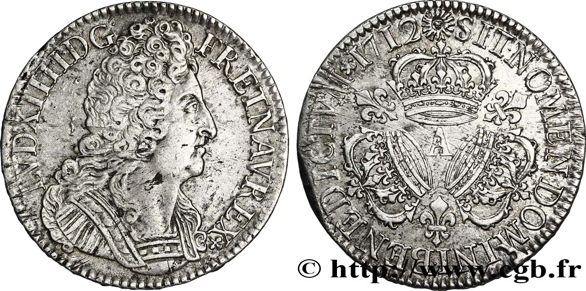 LOUIS XIV LE GRAND OU LE ROI SOLEIL Écu aux trois couronnes 1712 Paris TTB+