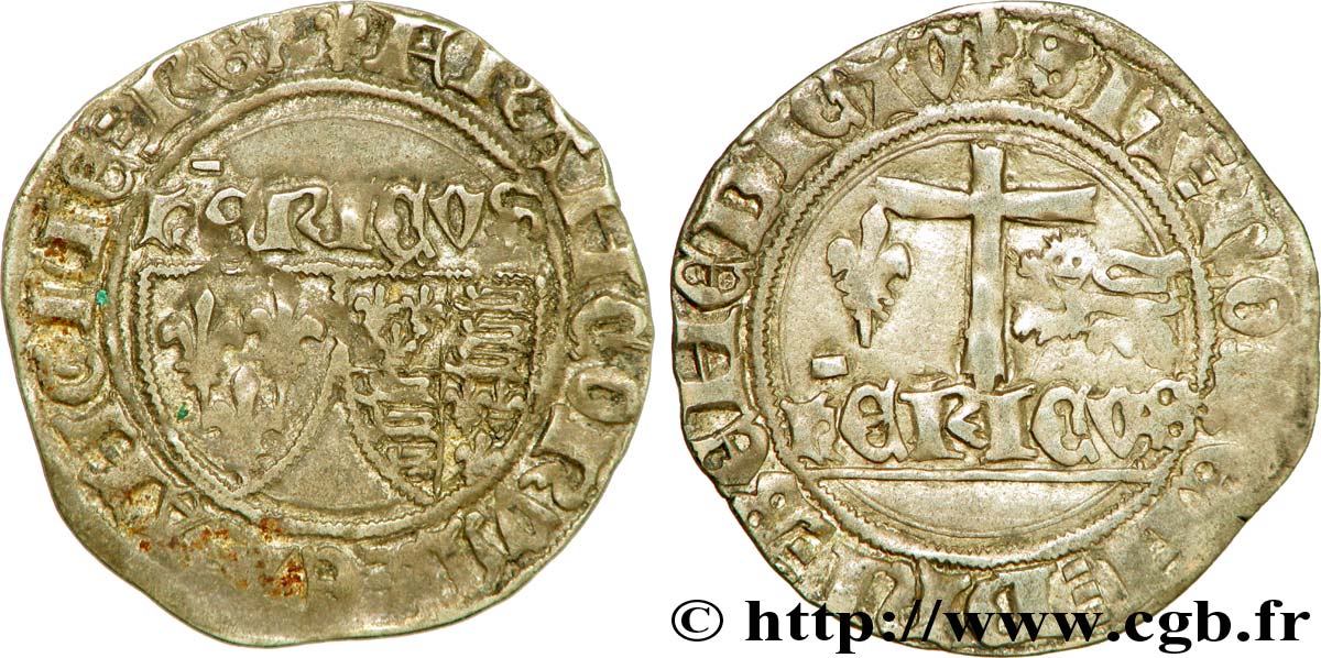 HENRY VI DE LANCASTRE - ROI DE FRANCE (1422-1453) - ROI D&nbsp;ANGLETERRE (1422-1461) et (1470-1471) Blanc aux écus n.d. Saint-Lô TTB