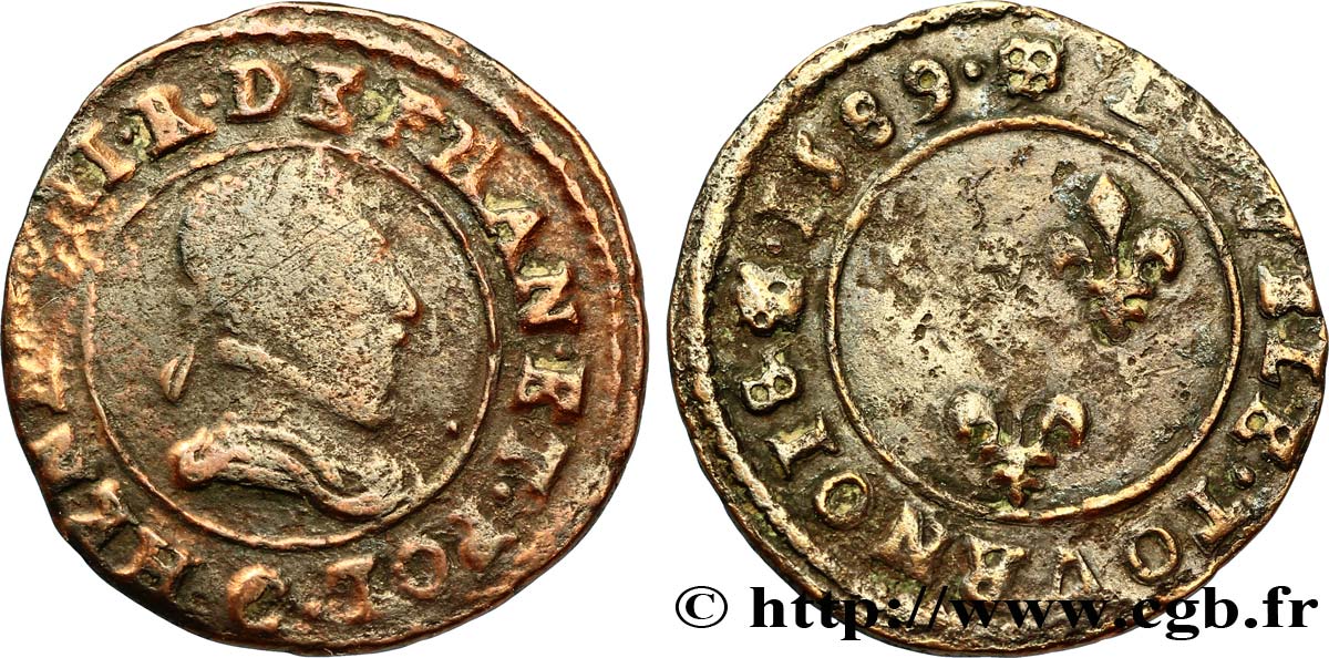 HENRI III Double tournois 1589 Saint-Lô TB/TB+