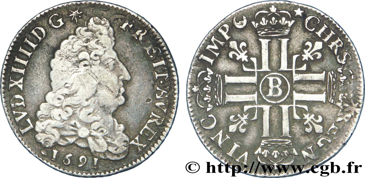 LOUIS XIV  THE SUN KING  Quart d écu aux huit L, 1er type 1691 Rouen VF