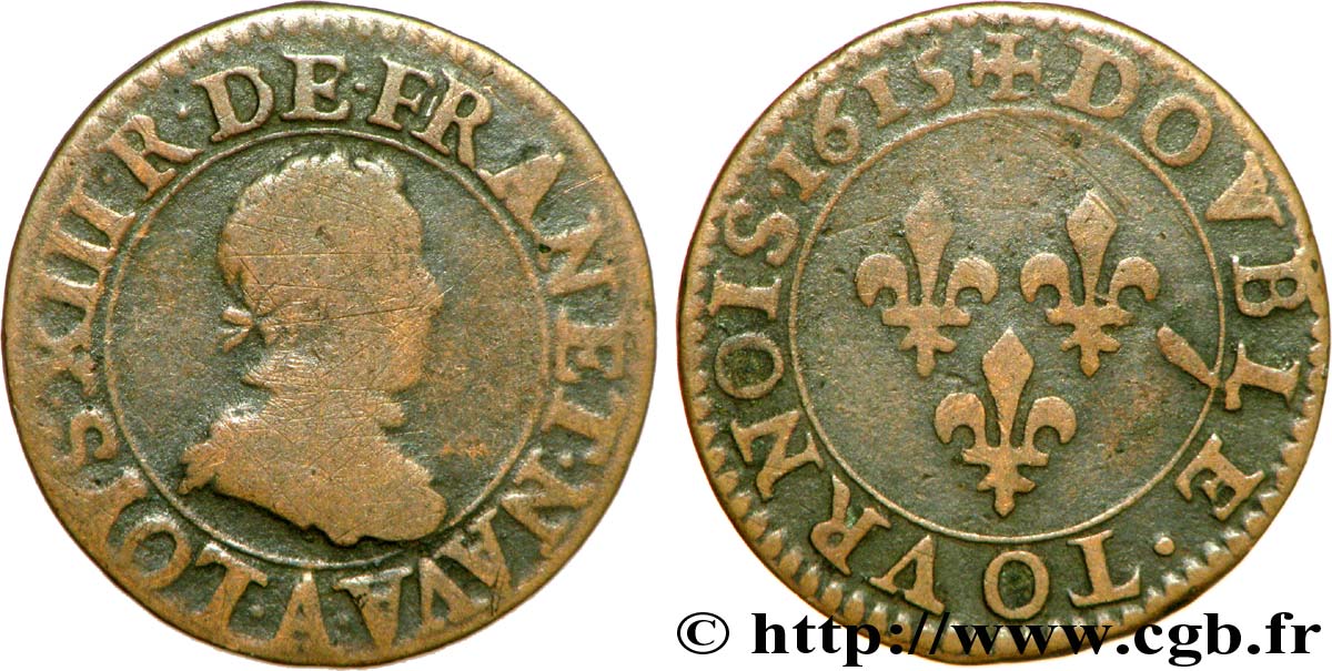 LOUIS XIII LE JUSTE Double tournois, type 1 1615 Paris, Moulin du Louvre B+/TB