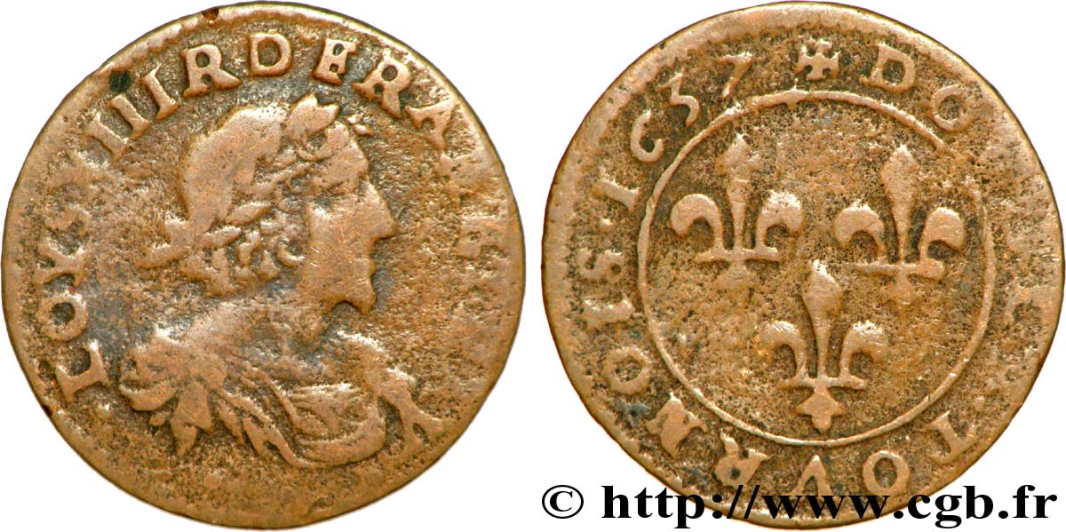 LOUIS XIII LE JUSTE Double tournois au grand buste viril drapé 1637 Vallée du Rhône B+