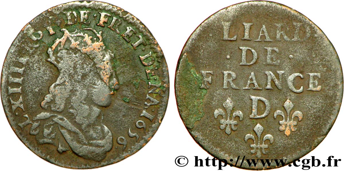 LOUIS XIV LE GRAND OU LE ROI SOLEIL Liard de cuivre, 2e type 1656 Vimy-en-Lyonnais (actuellement Neuville-sur-Saône) TB