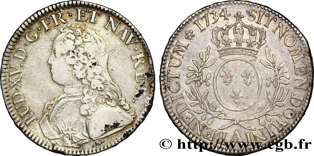 LOUIS XV DIT LE BIEN AIMÉ Écu aux branches d&nbsp;olivier, buste habillé 1734 Paris TB+/TTB
