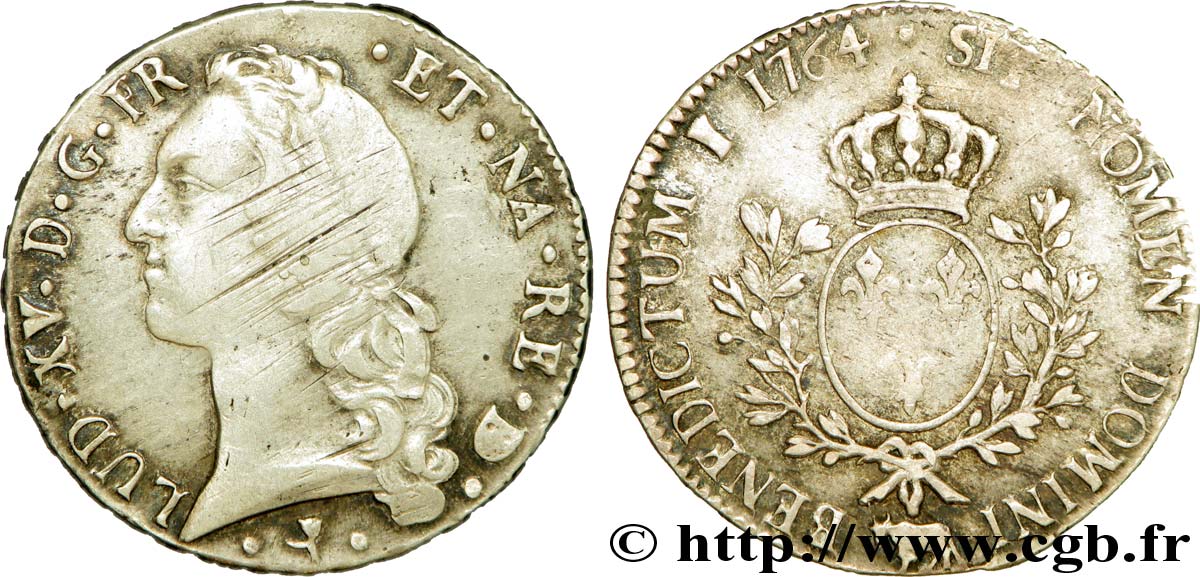 LOUIS XV DIT LE BIEN AIMÉ Écu aux branches d’olivier, tête ceinte d’un bandeau 1764 Pau TB+