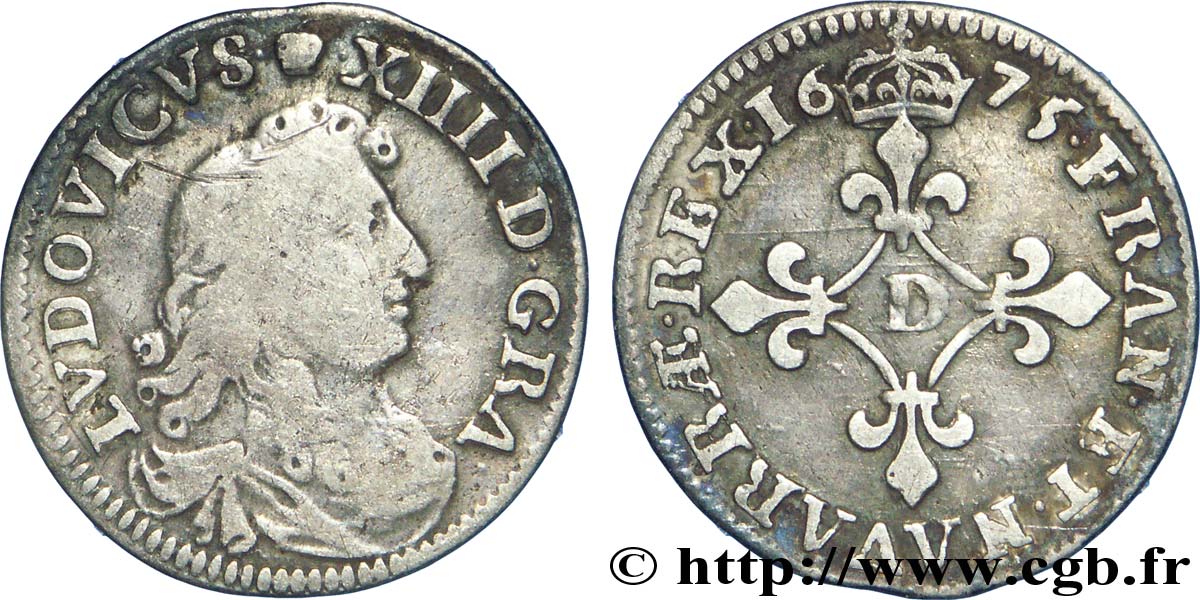 LOUIS XIV LE GRAND OU LE ROI SOLEIL Quatre sols à la croix formée de lis 1675 Vimy-en-Lyonnais (actuellement Neuville-sur-Saône) TB