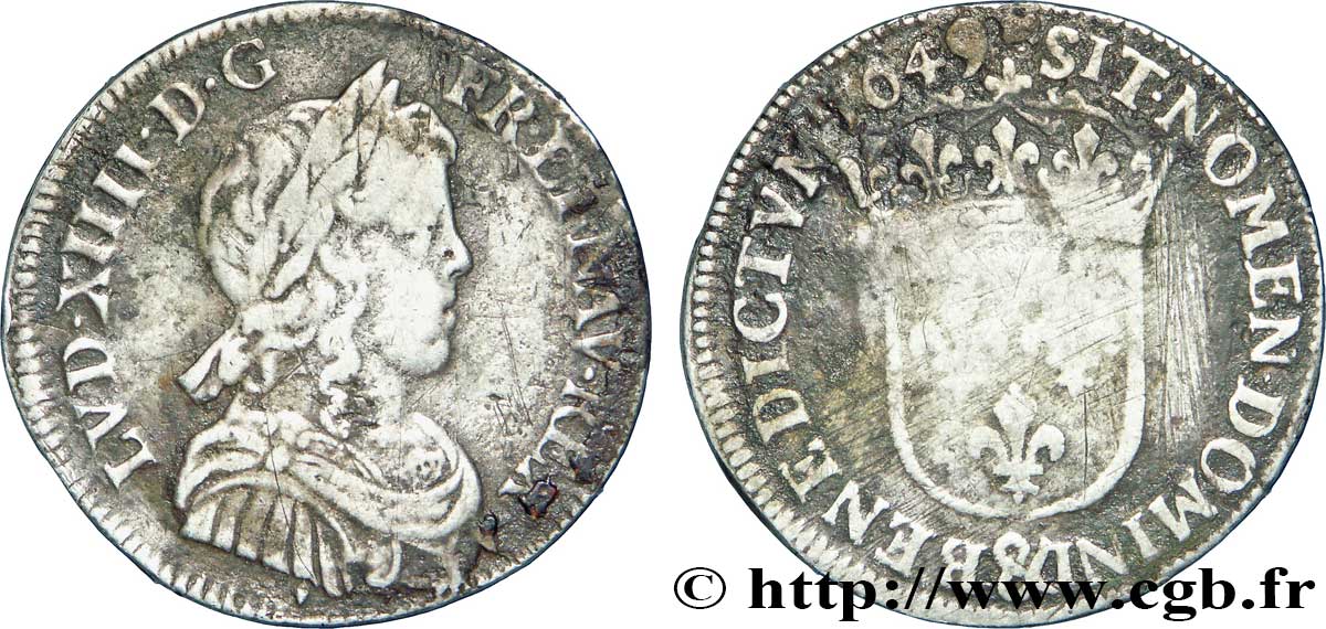 LOUIS XIV LE GRAND OU LE ROI SOLEIL Quart d&nbsp;écu, portait à la mèche longue 1649 Aix-en-Provence TB/B