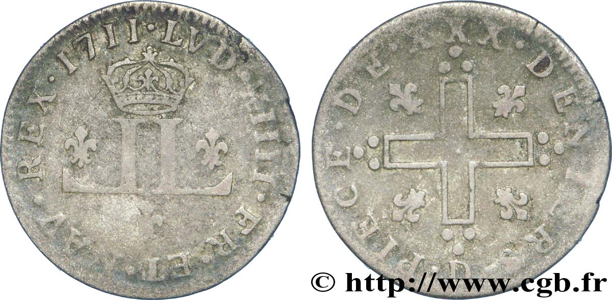 LOUIS XIV LE GRAND OU LE ROI SOLEIL XXX deniers aux 2 L couronnés 1711 Lyon B