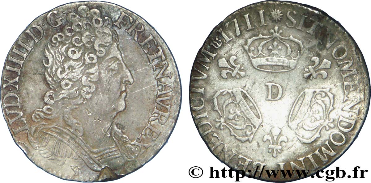 LOUIS XIV LE GRAND OU LE ROI SOLEIL Dixième d écu aux trois couronnes 1711 Lyon TTB/TTB+