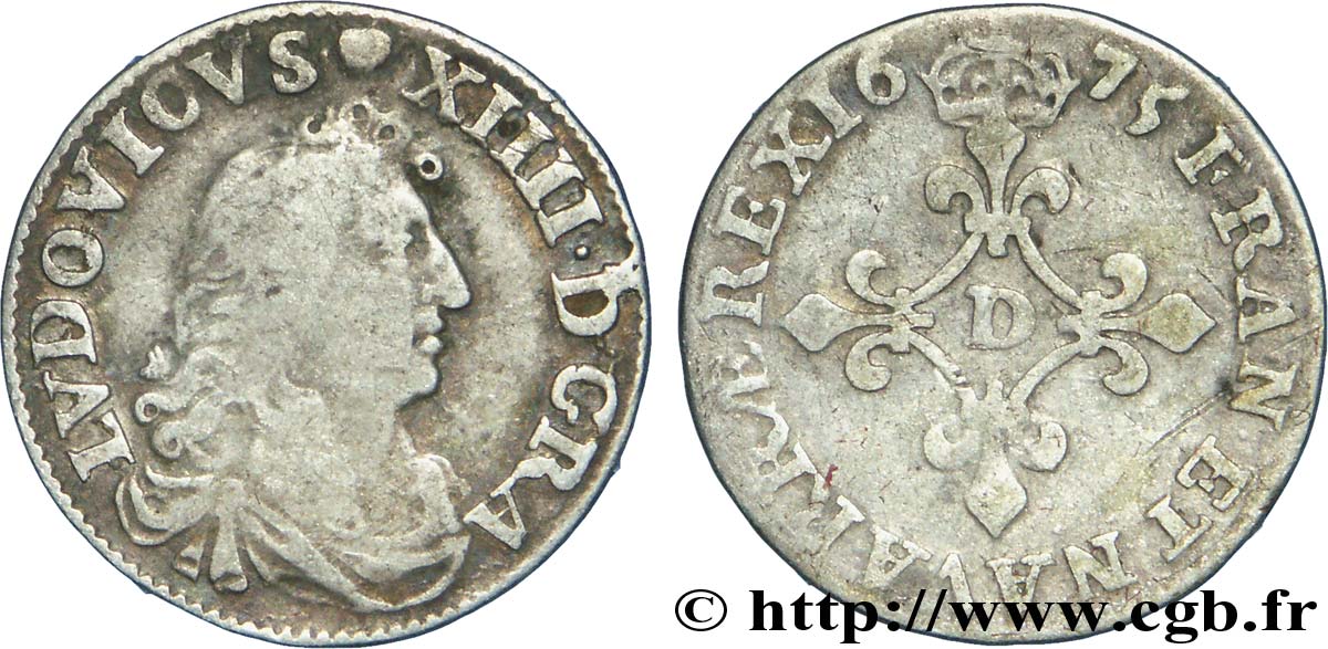 LOUIS XIV LE GRAND OU LE ROI SOLEIL Quatre sols à la croix formée de lis 1675 Vimy-en-Lyonnais (actuellement Neuville-sur-Saône) TB