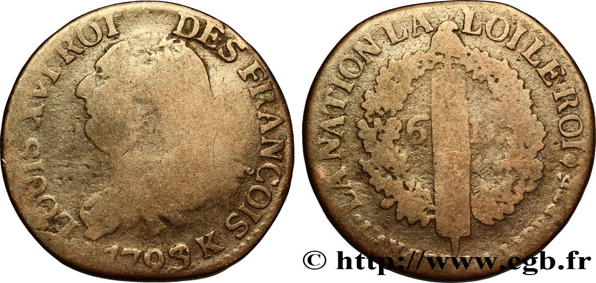 LOUIS XVI (MONARQUE CONSTITUTIONNEL)  6 deniers dit  au faisceau , type FRANÇOIS 1793 Bordeaux AB