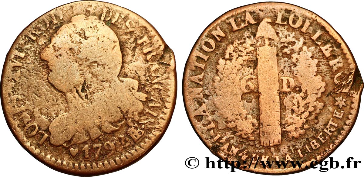 LOUIS XVI (MONARQUE CONSTITUTIONNEL)  6 deniers dit  au faisceau , type FRANÇAIS 1792 Strasbourg AB