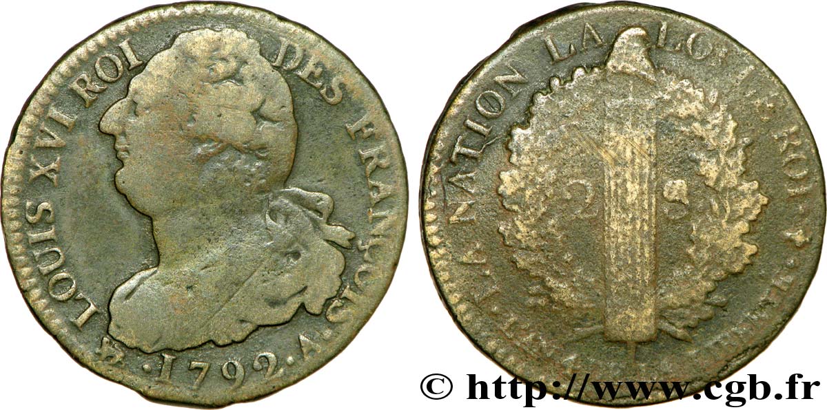 LOUIS XVI (MONARQUE CONSTITUTIONNEL)  2 sols dit &nbsp;au faisceau&nbsp;, type FRANÇOIS 1792 Paris TB