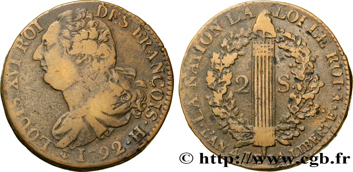 LOUIS XVI 2 sols dit  au faisceau , type FRANÇOIS 1792 La Rochelle fSS