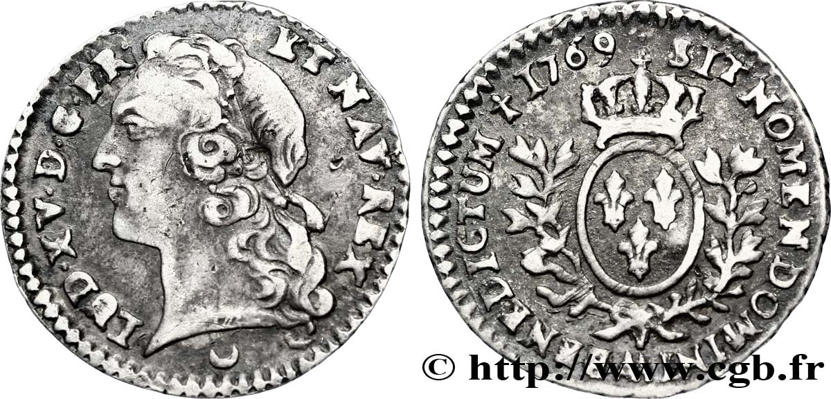 LOUIS XV DIT LE BIEN AIMÉ Vingtième d écu aux branches d’olivier, tête ceinte d’un bandeau 1769  Metz TTB