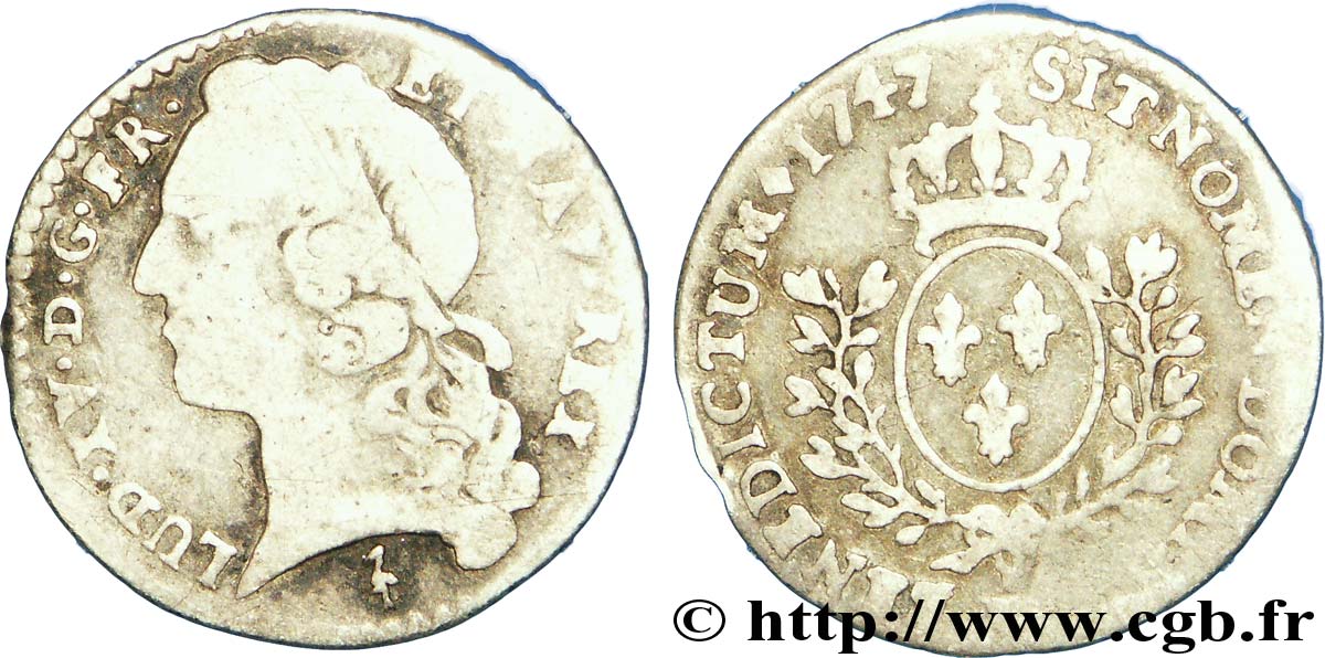 LOUIS XV &nbsp;THE WELL-BELOVED&nbsp; Vingtième d&nbsp;écu aux branches d’olivier, tête ceinte d’un bandeau 1747 Lille VG