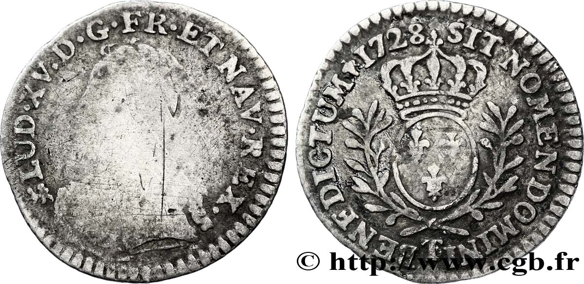 LOUIS XV DIT LE BIEN AIMÉ Vingtième d’écu aux branches d’olivier, buste habillé 1728 Nantes B/TTB