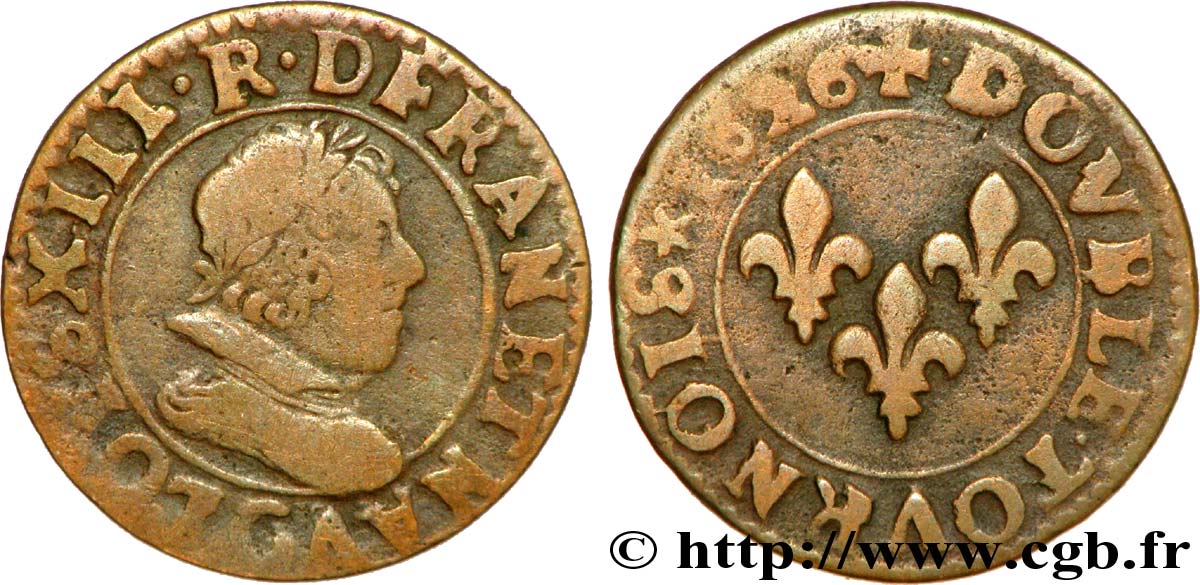 LOUIS XIII LE JUSTE Double tournois, type 3 de Poitiers 1626 Poitiers B+