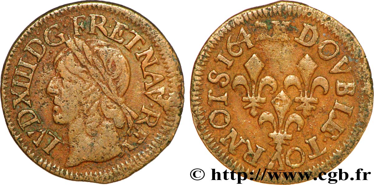 LOUIS XIII Double tournois, type de Warin 1642 La Rochelle VF
