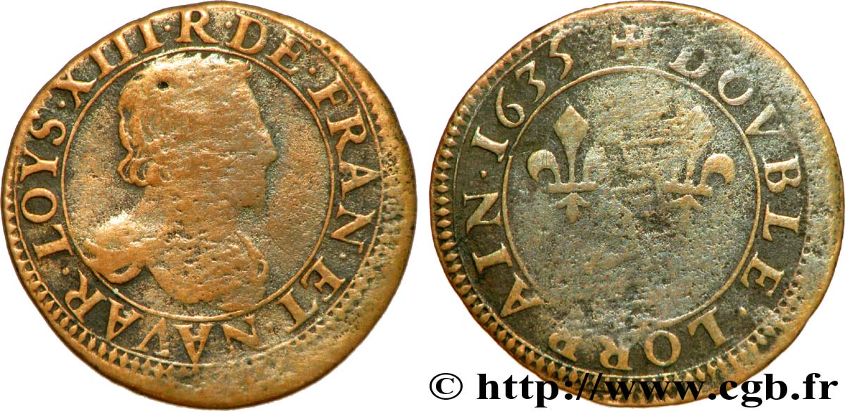 LOUIS XIII LE JUSTE Double lorrain, type 6 1635 Stenay TB