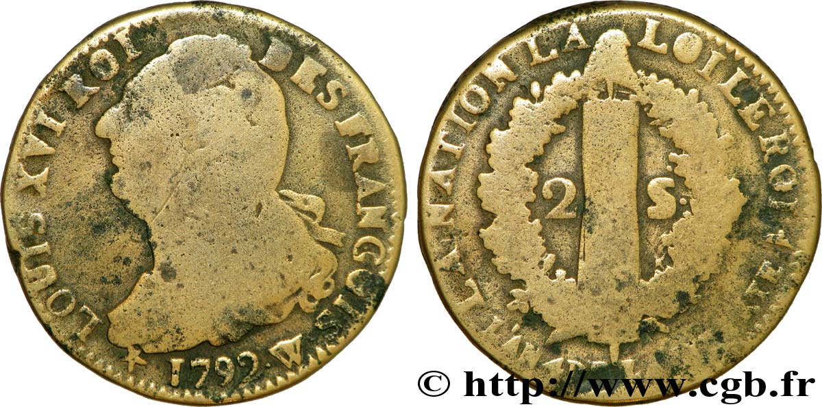 LOUIS XVI (MONARQUE CONSTITUTIONNEL)  2 sols dit  au faisceau , type FRANÇOIS, buste particulier 1792 Lille AB