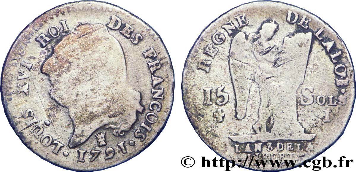 LOUIS XVI (MONARQUE CONSTITUTIONNEL)  15 sols dit &nbsp;au génie&nbsp;, type FRANÇOIS 1791 Limoges B