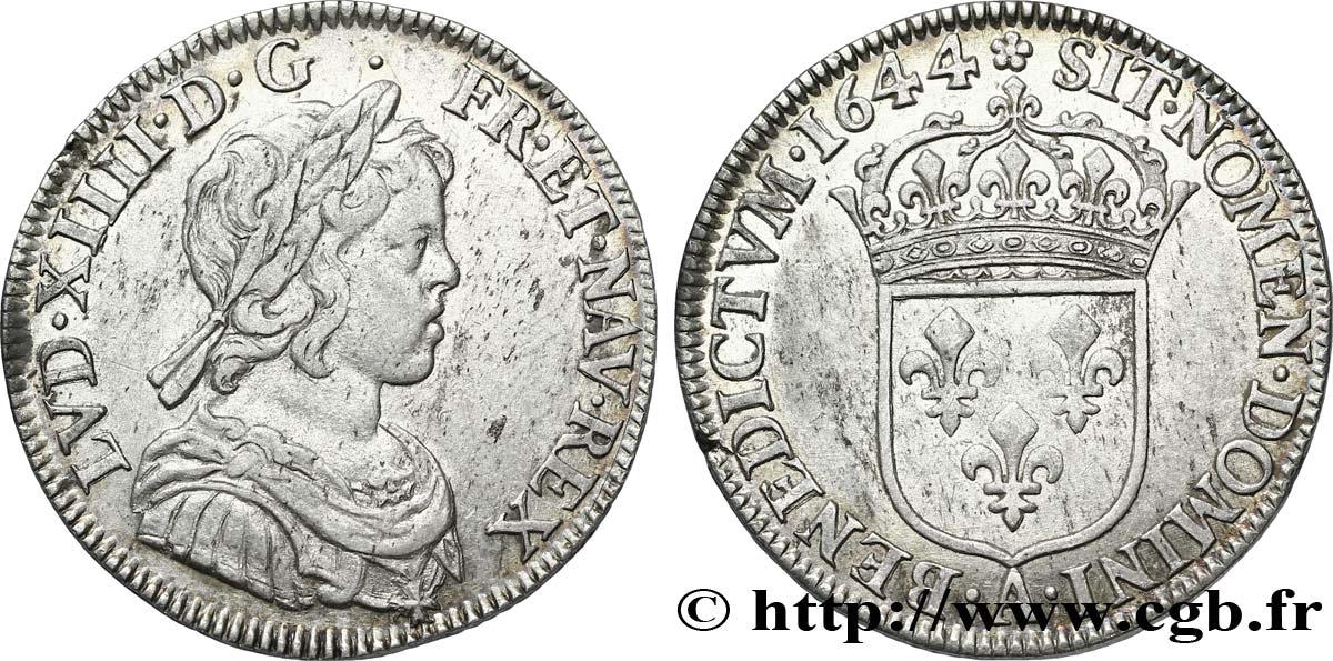 LOUIS XIV LE GRAND OU LE ROI SOLEIL Quart d écu, portrait à la mèche courte 1644 Paris, Monnaie de Matignon TTB+