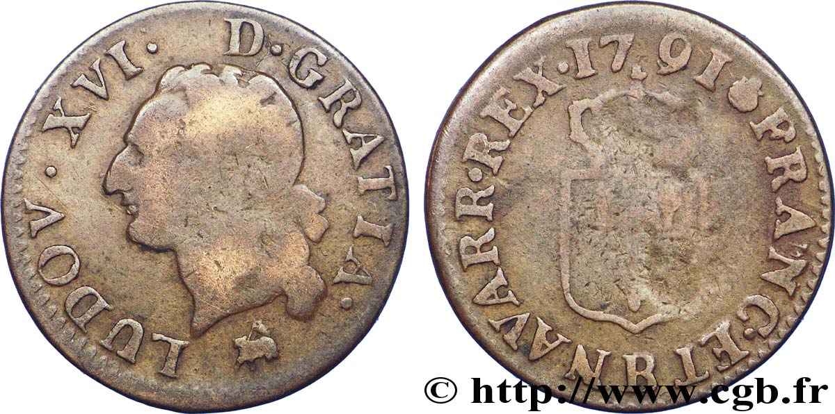 LOUIS XVI (MONARQUE CONSTITUTIONNEL)  Liard dit  à l écu  1791 Rouen B+