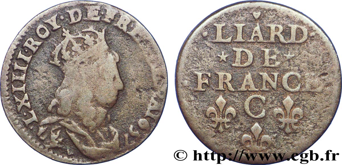 LOUIS XIV LE GRAND OU LE ROI SOLEIL Liard de cuivre, 2e type 1657 Caen B+