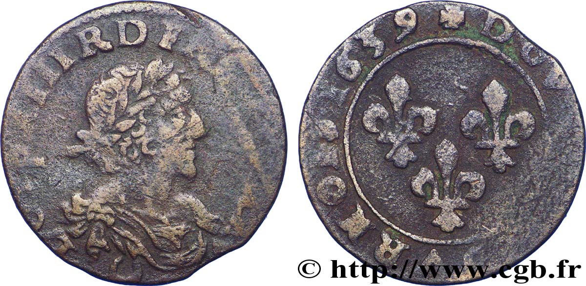 LOUIS XIII LE JUSTE Double tournois au grand buste viril drapé 1639 Vallée du Rhône TB