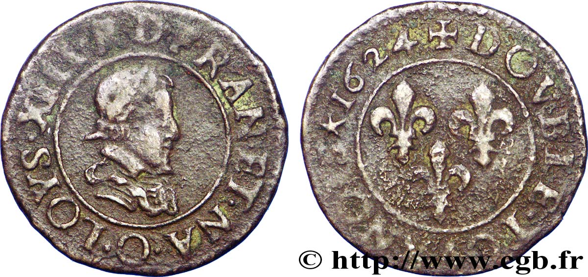LOUIS XIII LE JUSTE Double tournois, type 3 1624 Riom TB