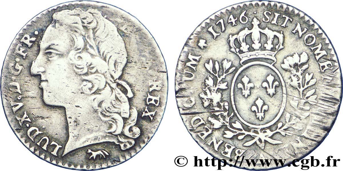 LOUIS XV DIT LE BIEN AIMÉ Dixième d&nbsp;écu aux branches d’olivier, tête ceinte d’un bandeau 1746 Paris TB+