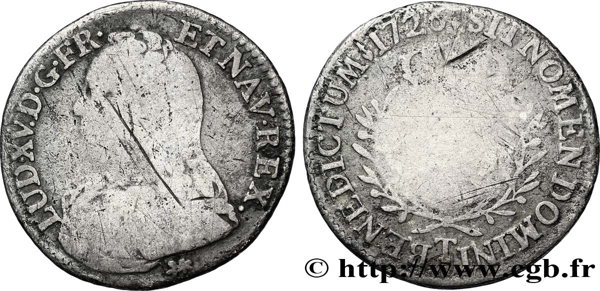 LOUIS XV DIT LE BIEN AIMÉ Cinquième d écu aux branches d olivier, buste habillé 1726 Nantes B+