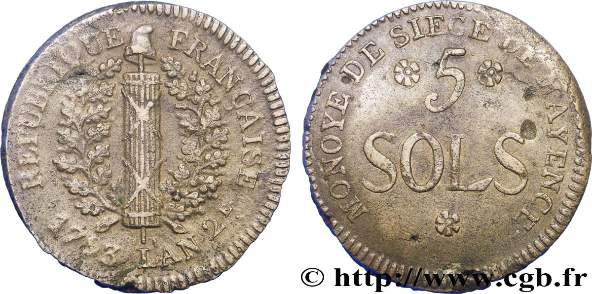 SIEGE OF MAINZ 5 sols 1793 Mayence XF