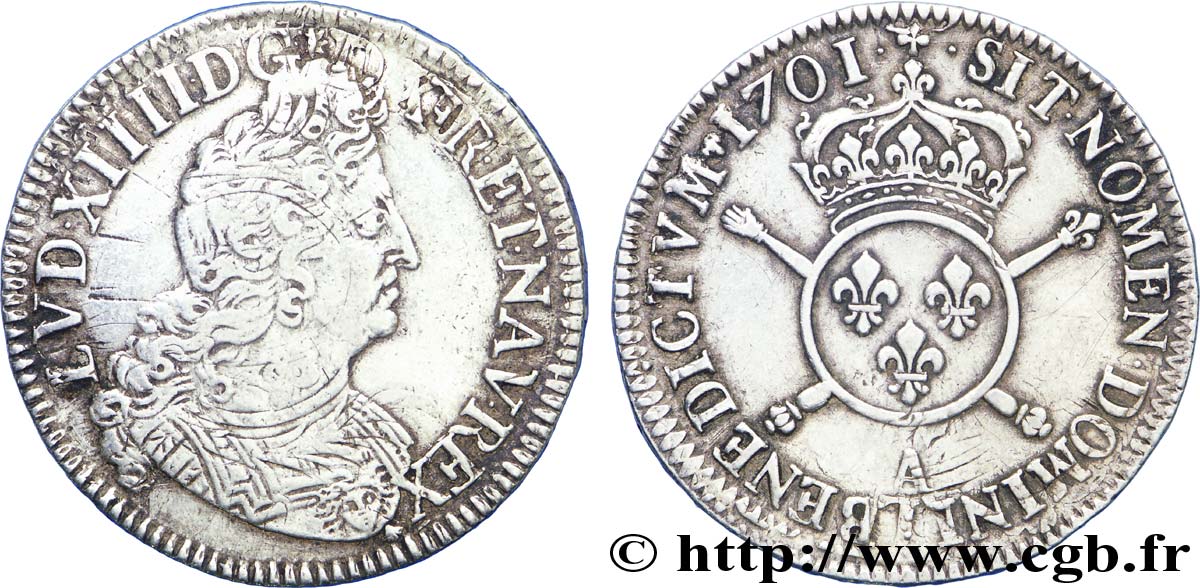 LOUIS XIV &nbsp;THE SUN KING&nbsp; Demi-écu aux insignes 1701 Paris q.BB/BB