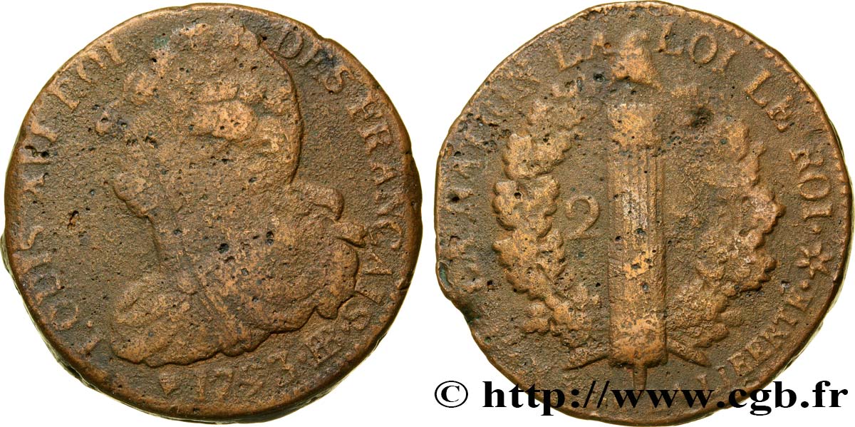 LOUIS XVI 2 sols dit  au faisceau , type FRANÇAIS 1793 Strasbourg S