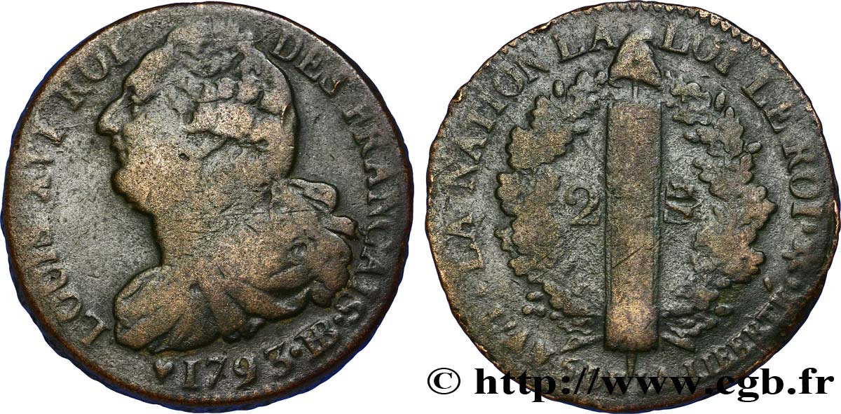 LOUIS XVI (MONARQUE CONSTITUTIONNEL)  2 sols dit  au faisceau , type FRANÇAIS 1793 Strasbourg TB