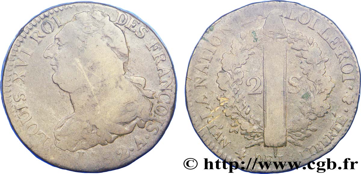 LOUIS XVI (MONARQUE CONSTITUTIONNEL)  2 sols dit &nbsp;au faisceau&nbsp;, type FRANÇOIS 1792 Paris B+