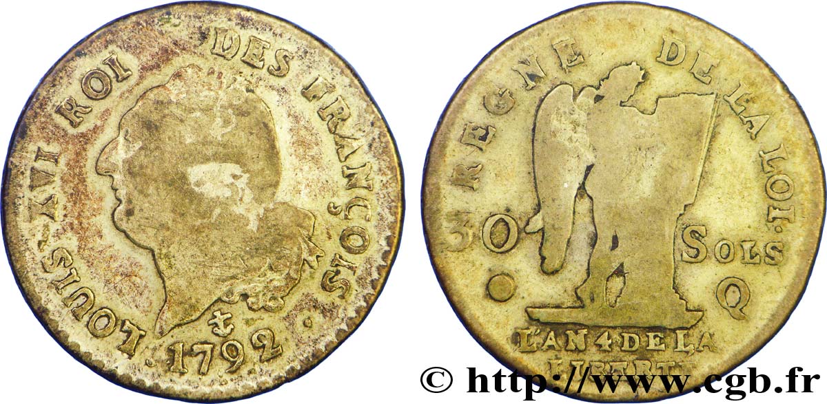 LOUIS XVI (MONARQUE CONSTITUTIONNEL)  30 sols dit &nbsp;au génie&nbsp;, type FRANÇOIS 1792 Perpignan B